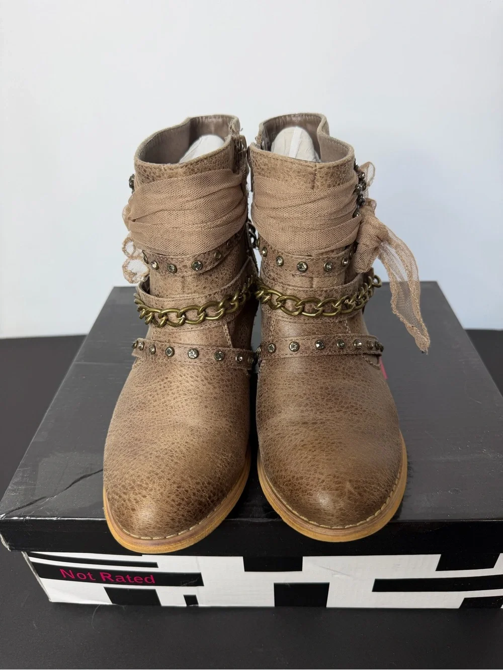 Not Rated Taupe Embellished Ankle Boots with Chain and Bow